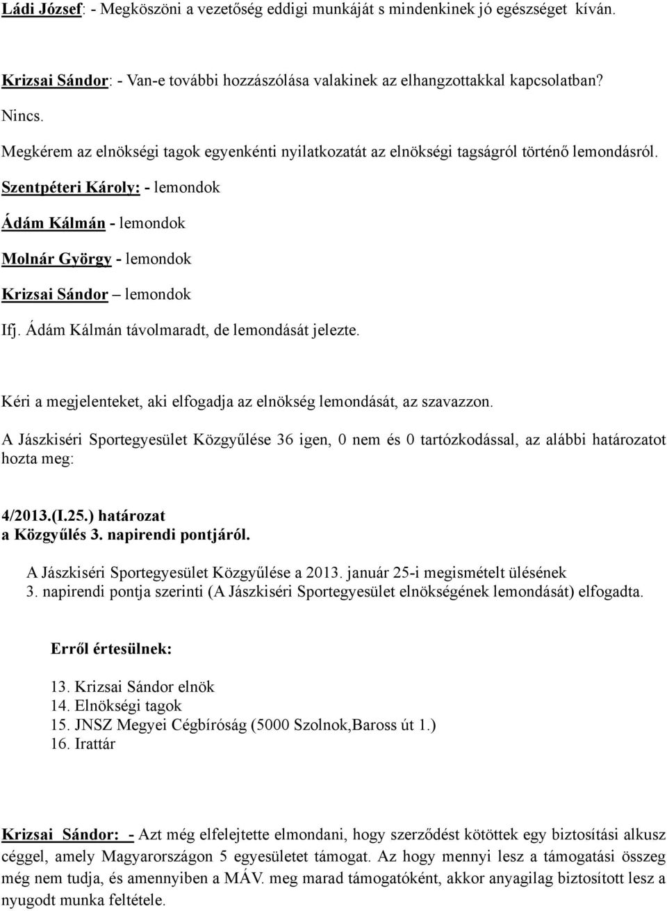 Szentpéteri Károly: - lemondok Ádám Kálmán - lemondok Molnár György - lemondok Krizsai Sándor lemondok Ifj. Ádám Kálmán távolmaradt, de lemondását jelezte.