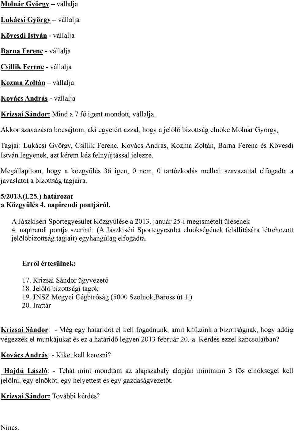 Akkor szavazásra bocsájtom, aki egyetért azzal, hogy a jelölő bizottság elnöke Molnár György, Tagjai: Lukácsi György, Csillik Ferenc, Kovács András, Kozma Zoltán, Barna Ferenc és Kövesdi István