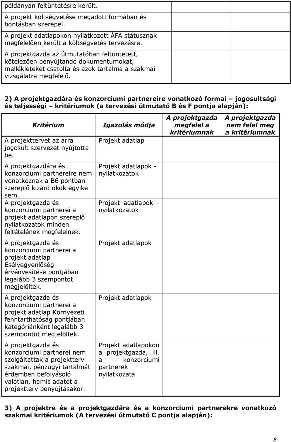 2) A projektgazdára és konzorciumi partnereire vonatkozó formai jogosultsági és teljességi kritériumok (a tervezési útmutató B és F pontja alapján): Kritérium A projekttervet az arra jogosult