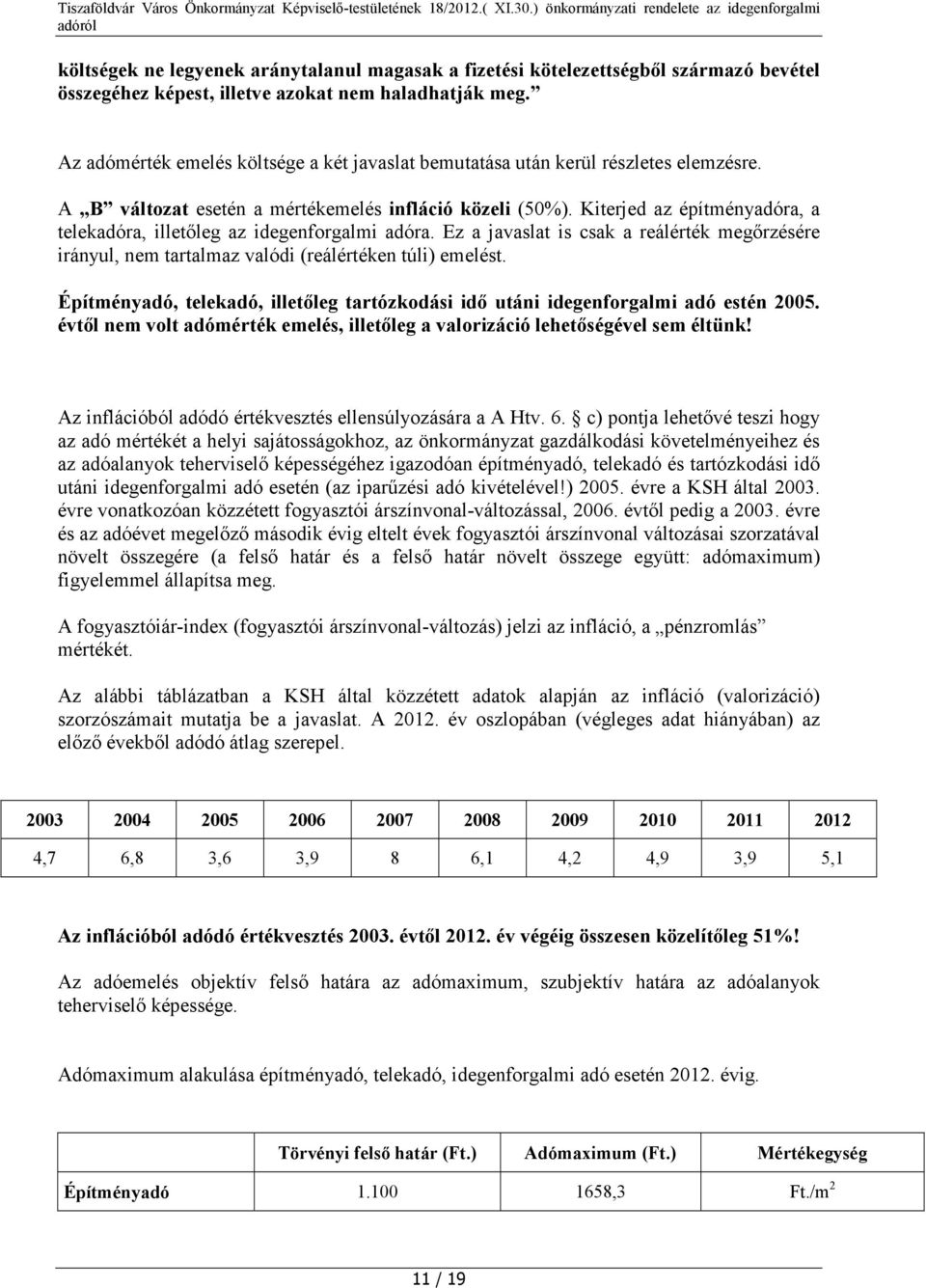 Kiterjed az építményadóra, a telekadóra, illetőleg az idegenforgalmi adóra. Ez a javaslat is csak a reálérték megőrzésére irányul, nem tartalmaz valódi (reálértéken túli) emelést.