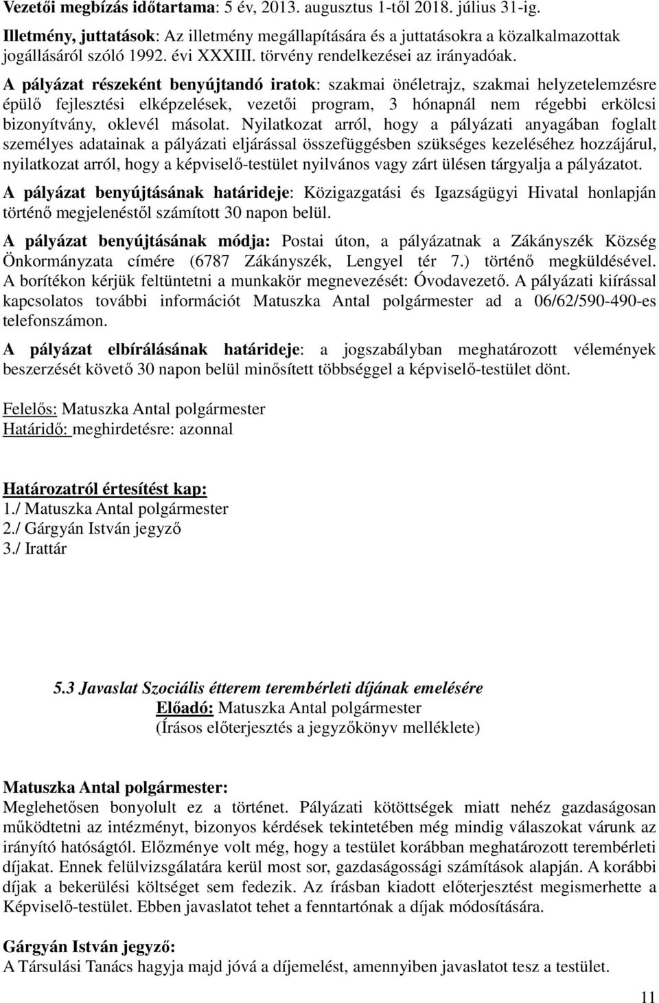 A pályázat részeként benyújtandó iratok: szakmai önéletrajz, szakmai helyzetelemzésre épülő fejlesztési elképzelések, vezetői program, 3 hónapnál nem régebbi erkölcsi bizonyítvány, oklevél másolat.