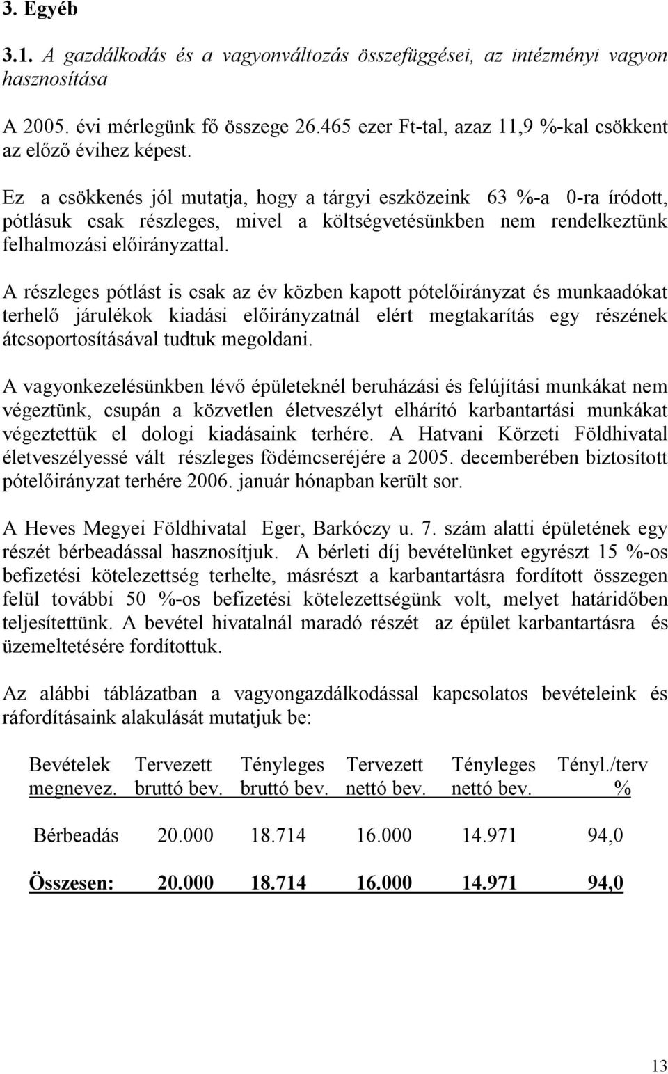 A részleges pótlást is csak az év közben kapott pótelőirányzat és munkaadókat terhelő járulékok kiadási előirányzatnál elért megtakarítás egy részének átcsoportosításával tudtuk megoldani.