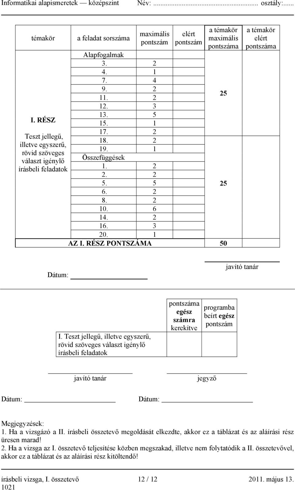 Teszt jellegű, illetve egyszerű, rövid szöveges választ igénylő írásbeli feladatok pontszáma egész számra kerekítve programba beírt egész pontszám javító tanár jegyző Dátum: Dátum: Megjegyzések: 1.