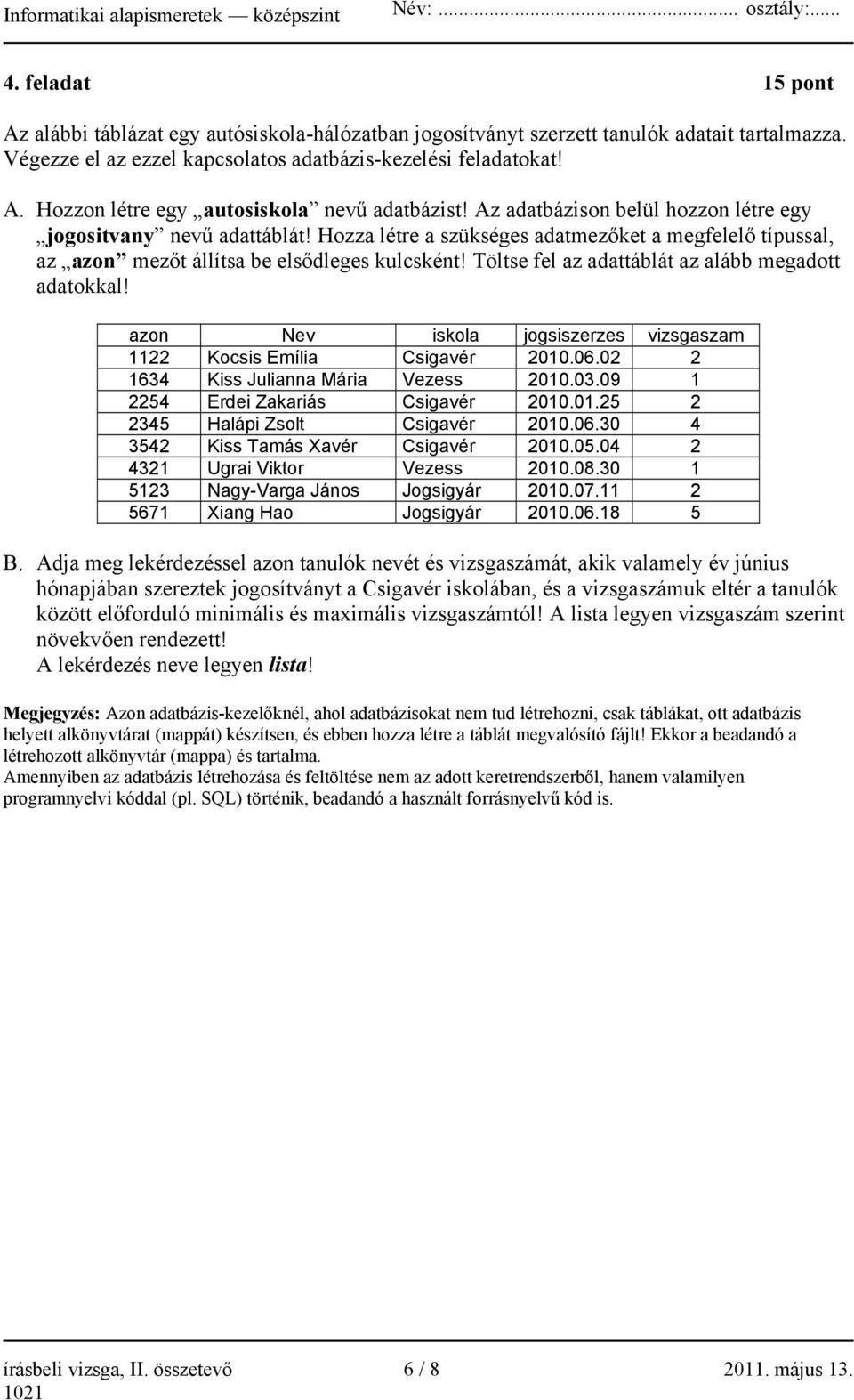 Töltse fel az adattáblát az alább megadott adatokkal! azon Nev iskola jogsiszerzes vizsgaszam 1122 Kocsis Emília Csigavér 2010.06.02 2 1634 Kiss Julianna Mária Vezess 2010.03.