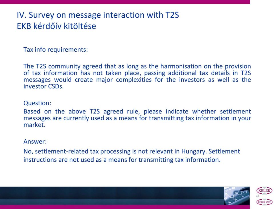 CSDs. Question: Based on the above T2S agreed rule, please indicate whether settlement messages are currently used as a means for transmitting tax information in