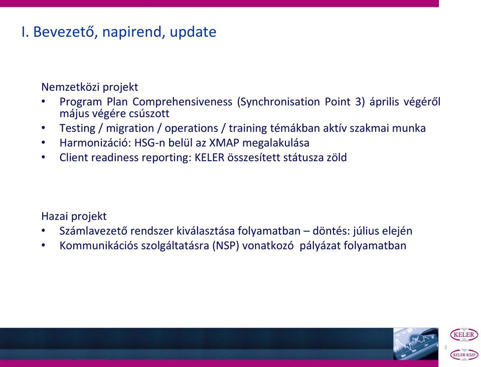 HSG-n belül az XMAP megalakulása Client readiness reporting: KELER összesített státusza zöld Hazai projekt