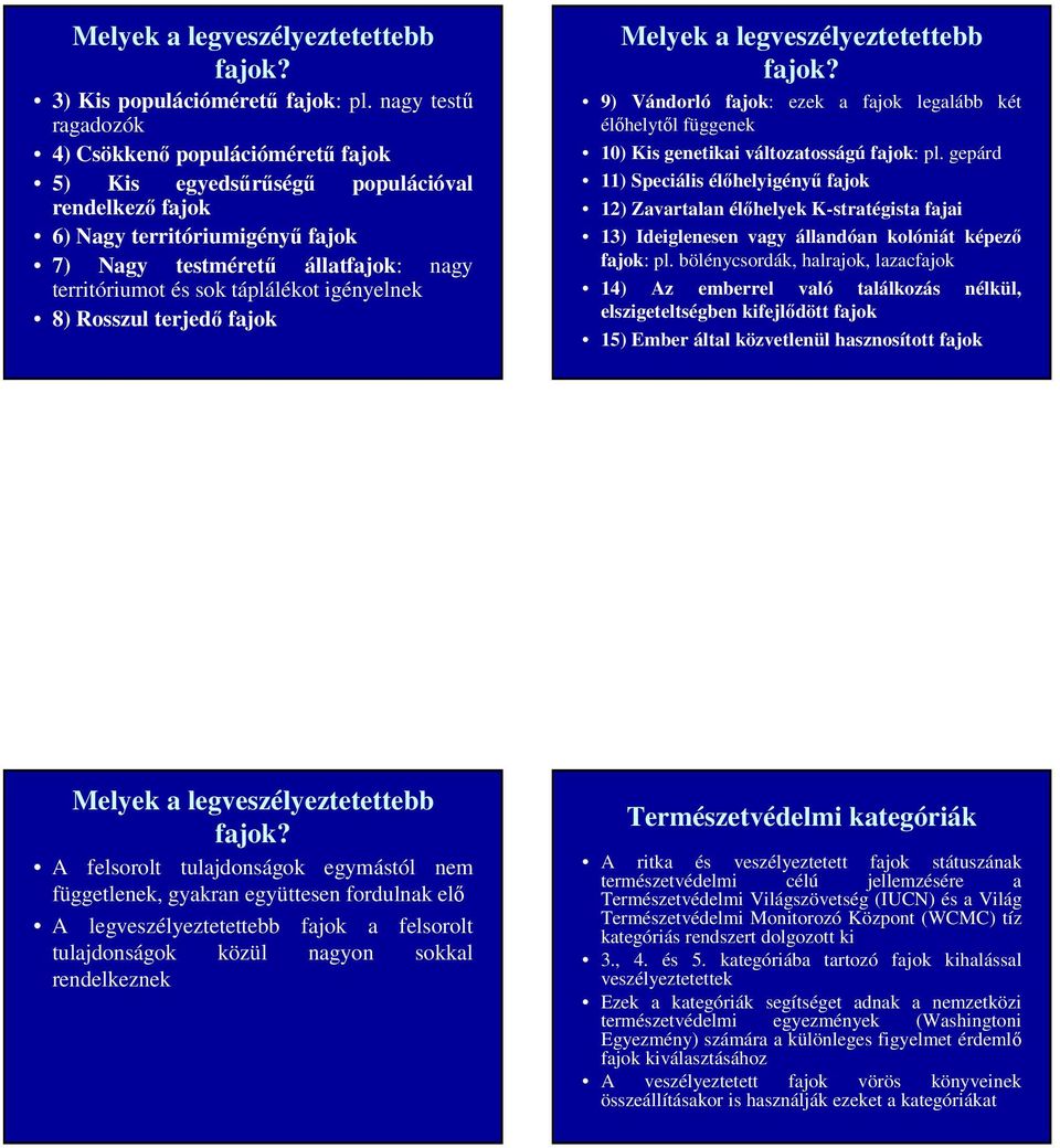 táplálékot igényelnek 8) Rosszul terjedő fajok Melyek a legveszélyeztetettebb fajok? 9) Vándorló fajok: ezek a fajok legalább két élőhelytől függenek 10) Kis genetikai változatosságú fajok: pl.