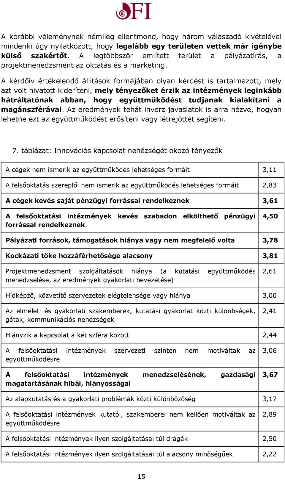 A kérdőív értékelendő állítások formájában olyan kérdést is tartalmazott, mely azt volt hivatott kideríteni, mely tényezőket érzik az intézmények leginkább hátráltatónak abban, hogy együttműködést