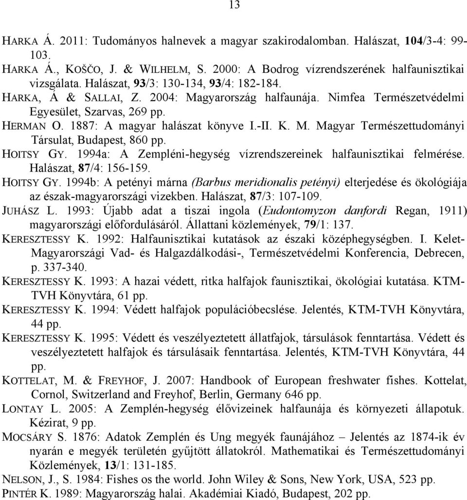 HOITSY GY. 1994a: A Zempléni-hegység vízrendszereinek halfaunisztikai felmérése. Halászat, 87/4: 156-159. HOITSY GY.