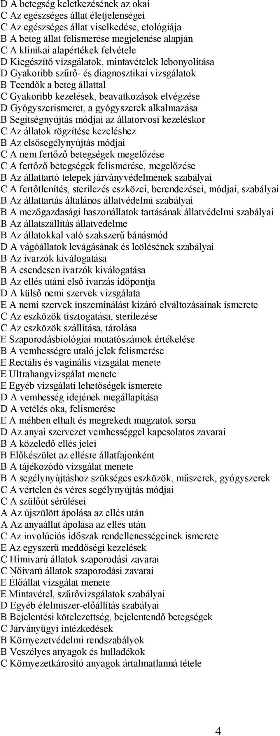 Gyógyszerismeret, a gyógyszerek alkalmazása B Segítségnyújtás módjai az állatorvosi kezeléskor C Az állatok rögzítése kezeléshez B Az elsősegélynyújtás módjai C A nem fertőző betegségek megelőzése C