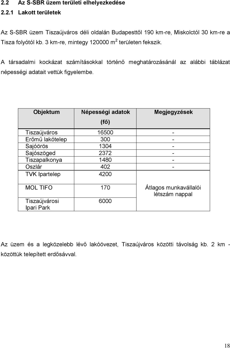 Objektum Népességi adatok (fő) Megjegyzések Tiszaújváros 16500 - Erőmű lakótelep 300 - Sajóörös 1304 - Sajószöged 2372 - Tiszapalkonya 1480 - Oszlár 402 - TVK Ipartelep 4200