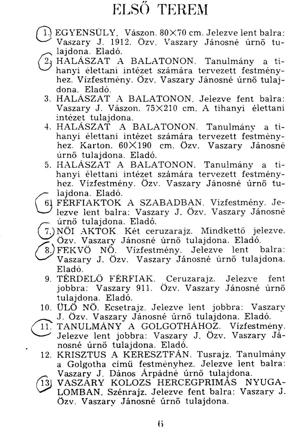 A tihanyi élettani intézet 4. HALÁSZAT A BALATONON. Tanulmány a tihanyi élettani intézet számára tervezett festményhez. Karton. 60X190 cm. Özv. Vaszary Jánosné úrnő 5. HALÁSZAT A BALATONON. Tanulmány a tihanyi élettani intézet számára tervezett festményhez. Vízfestmény.