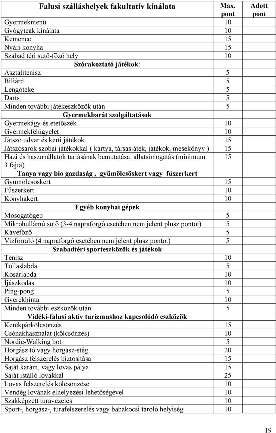 után 5 Gyermekbarát szolgáltatások Gyermekágy és etetőszék 10 Gyermekfelügyelet 10 Játszó udvar és kerti játékok 15 Játszósarok szobai játékokkal ( kártya, társasjáték, játékok, mesekönyv ) 15 Házi