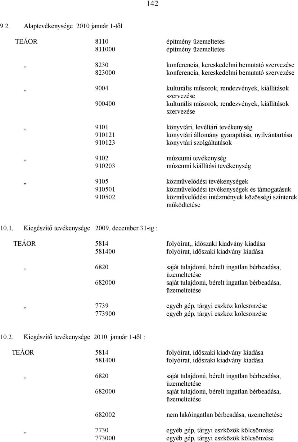 állomány gyarapítása, nyilvántartása 910123 könyvtári szolgáltatások 9102 múzeumi tevékenység 910203 múzeumi kiállítási tevékenység 9105 közművelődési tevékenységek 910501 közművelődési tevékenységek