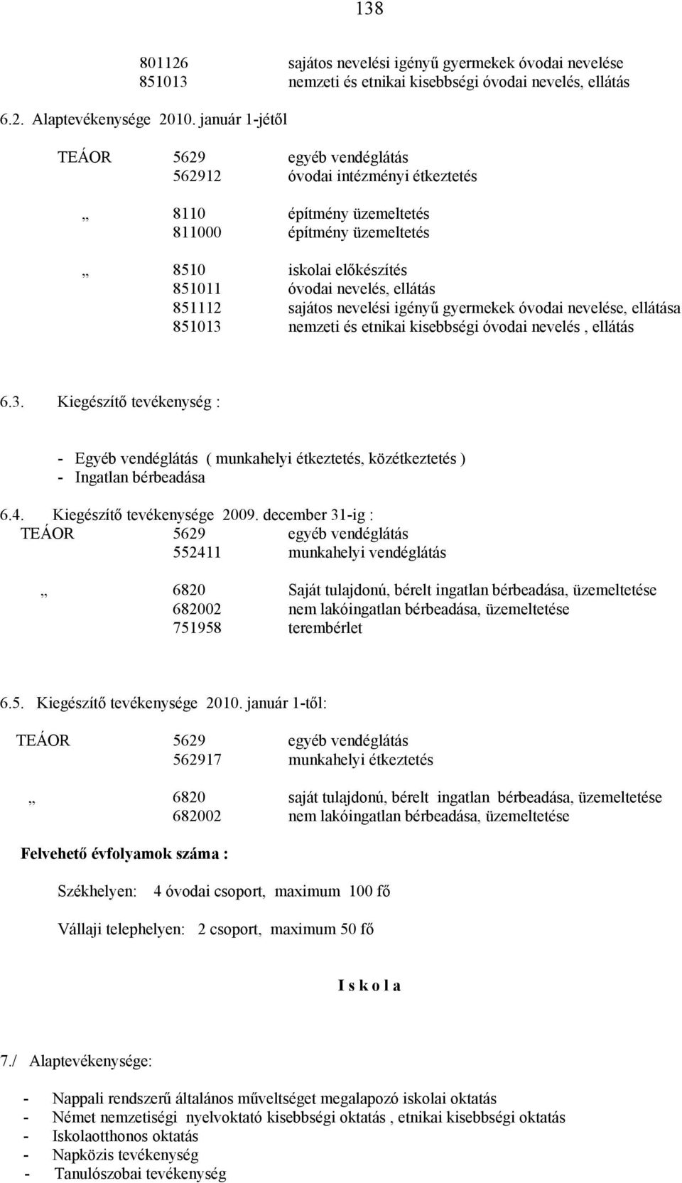 sajátos nevelési igényű gyermekek óvodai nevelése, ellátása 851013 nemzeti és etnikai kisebbségi óvodai nevelés, ellátás 6.3. Kiegészítő tevékenység : - Egyéb vendéglátás ( munkahelyi étkeztetés, közétkeztetés ) - Ingatlan bérbeadása 6.