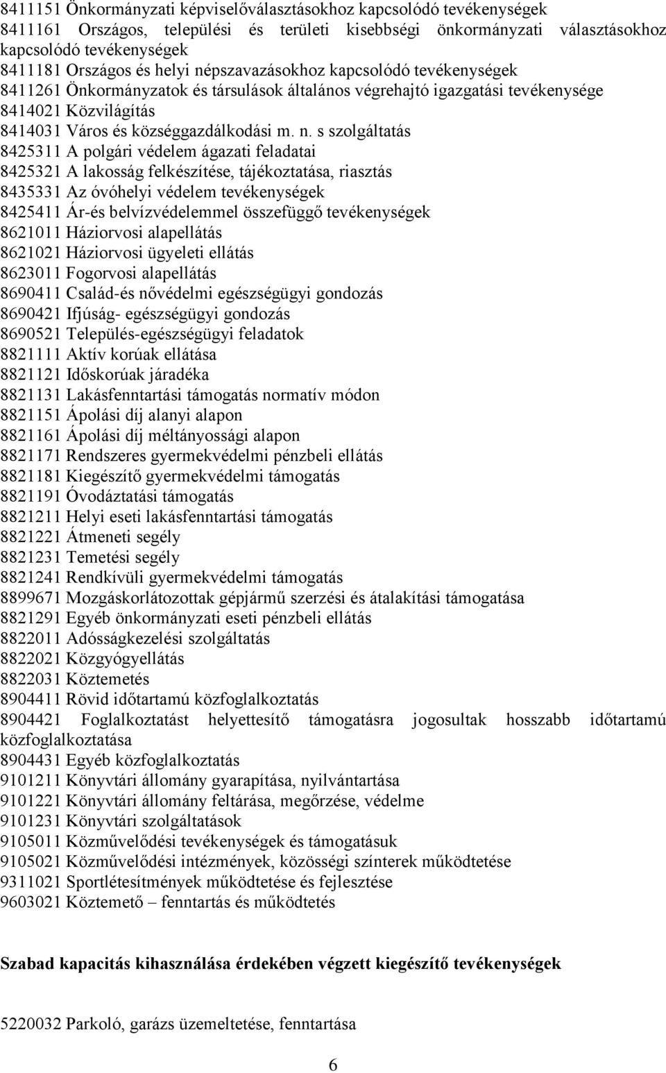 pszavazásokhoz kapcsolódó tevékenységek 8411261 Önkormányzatok és társulások általános végrehajtó igazgatási tevékenysége 8414021 Közvilágítás 8414031 Város és községgazdálkodási m. n.