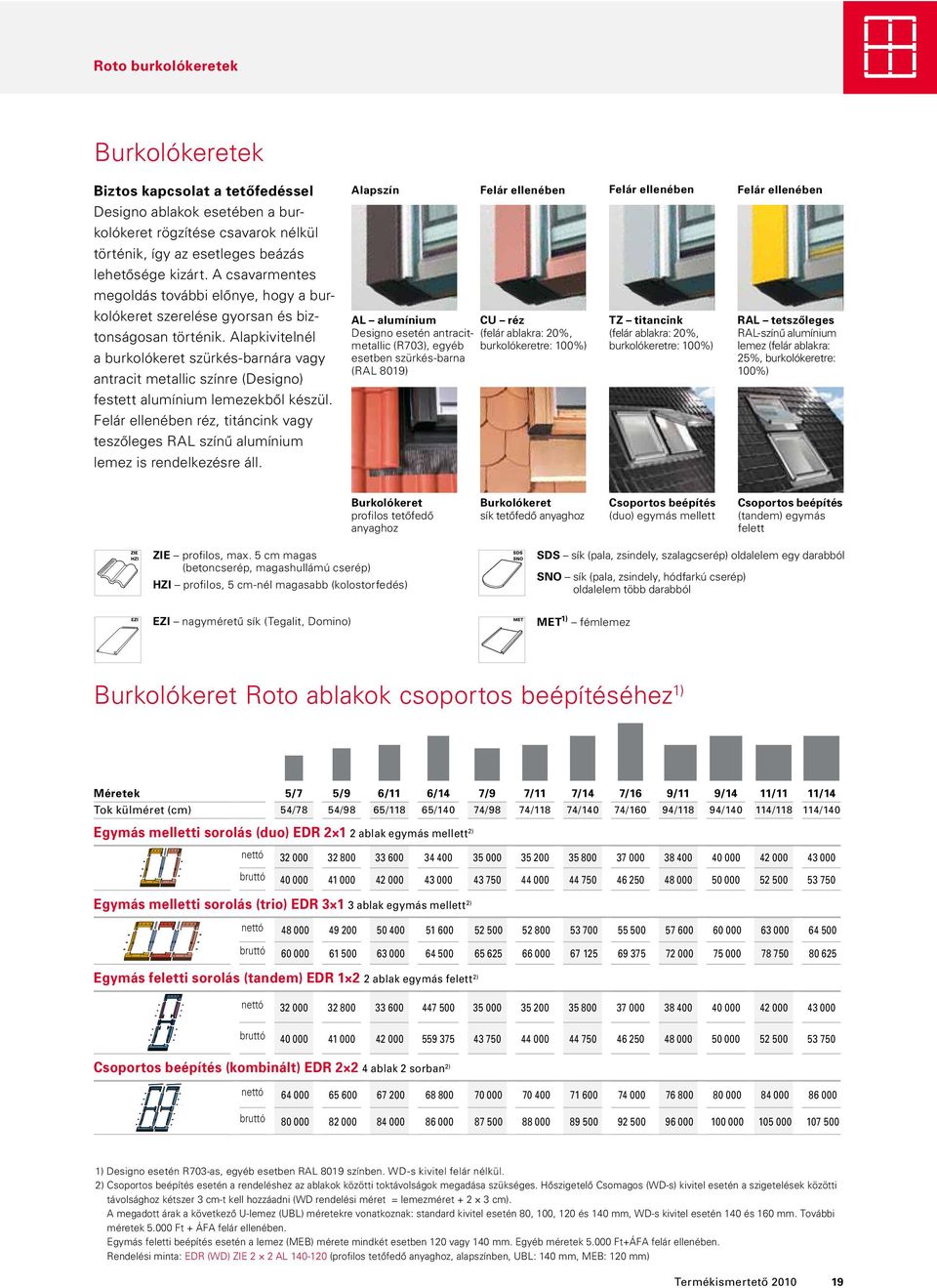 Alapkivitelnél a burkolókeret szürkés-barnára vagy antracit metallic színre (Designo) AL alumínium Designo esetén antracitmetallic (R703), egyéb esetben szürkés-barna (RAL 8019) CU réz (felár