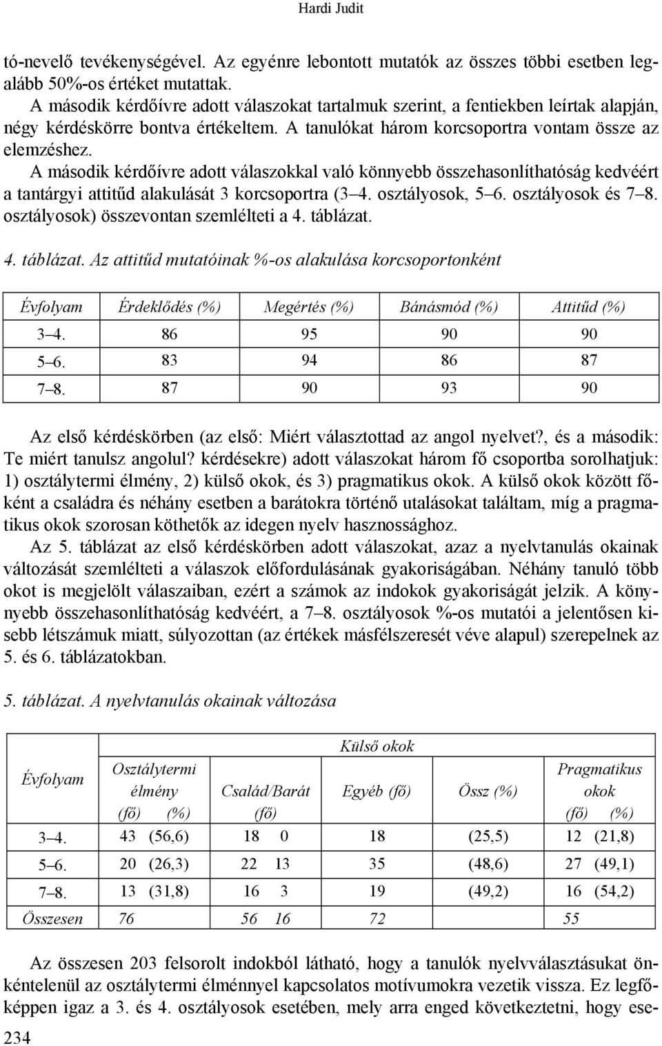 A második kérdőívre adott válaszokkal való könnyebb összehasonlíthatóság kedvéért a tantárgyi attitűd alakulását 3 korcsoportra (3 4. osztályosok, 5 6. osztályosok és 7 8.