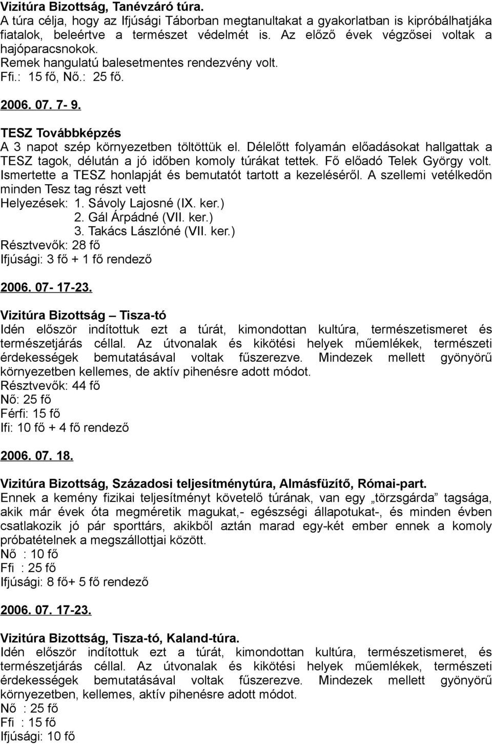 Délelőtt folyamán előadásokat hallgattak a TESZ tagok, délután a jó időben komoly túrákat tettek. Fő előadó Telek György volt. Ismertette a TESZ honlapját és bemutatót tartott a kezeléséről.