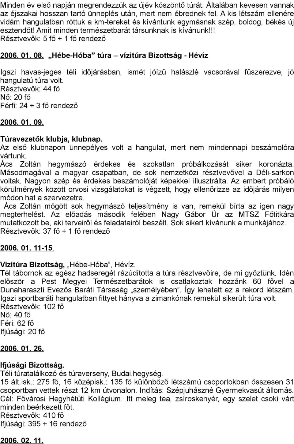 !! Résztvevők: 5 fő + 1 fő rendező 2006. 01. 08. Hébe-Hóba túra vízitúra Bizottság - Hévíz Igazi havas-jeges téli időjárásban, ismét jóízű halászlé vacsorával fűszerezve, jó hangulatú túra volt.