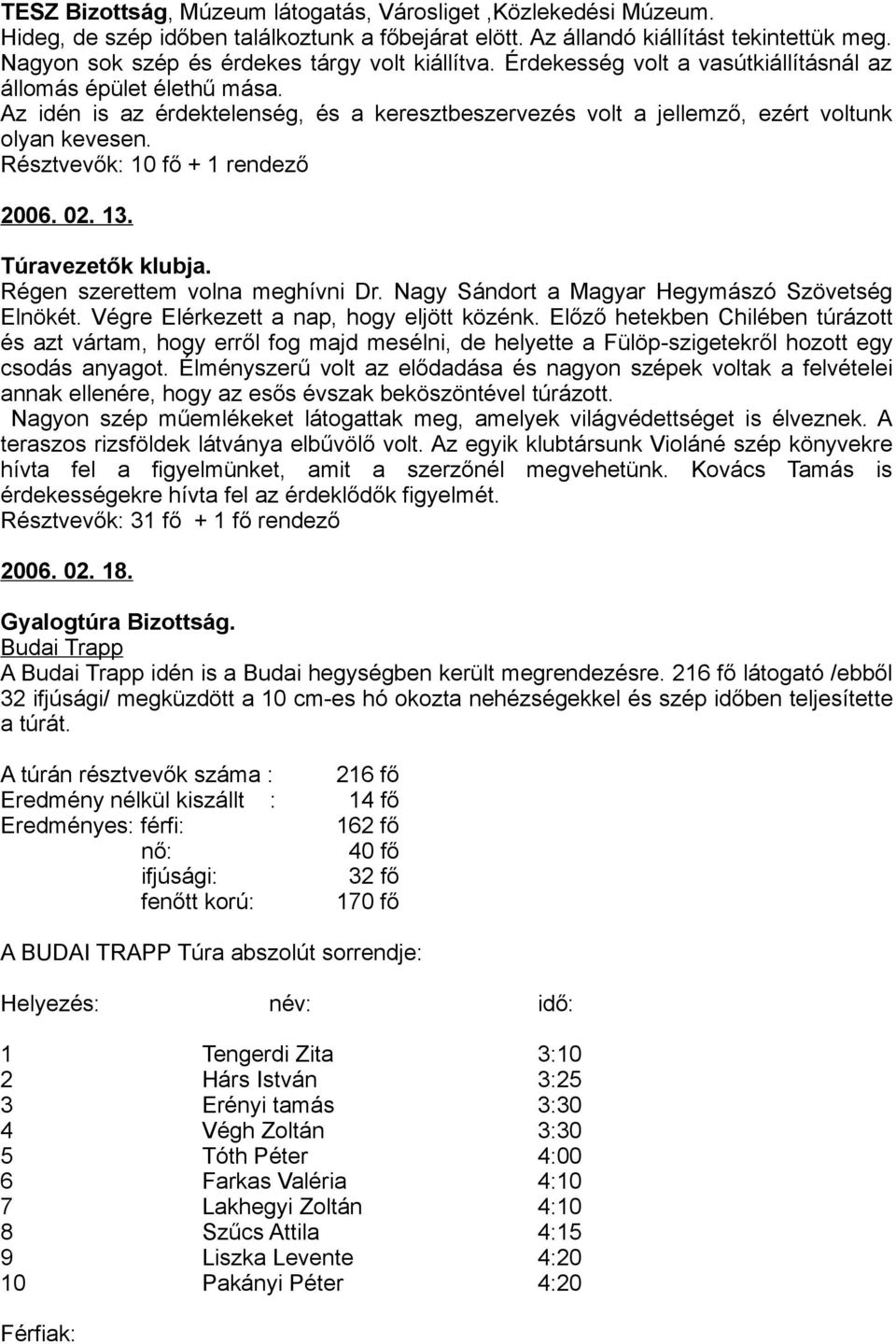 Az idén is az érdektelenség, és a keresztbeszervezés volt a jellemző, ezért voltunk olyan kevesen. Résztvevők: 10 fő + 1 rendező 2006. 02. 13. Túravezetők klubja. Régen szerettem volna meghívni Dr.