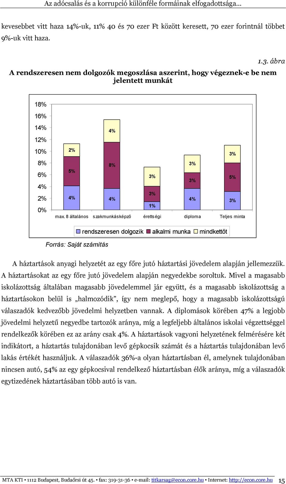 8 általános szakmunkásképző érettségi diploma Teljes minta Forrás: Saját számítás rendszeresen dolgozik alkalmi munka mindkettőt A háztartások anyagi helyzetét az egy főre jutó háztartási jövedelem