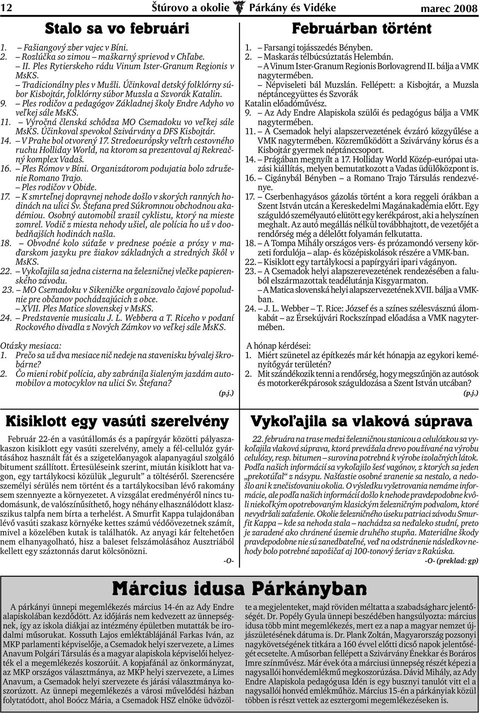 Ples rodičov a pedagógov Základnej školy Endre Adyho vo veľkej sále MsKS. 11. Výročná členská schôdza MO Csemadoku vo veľkej sále MsKS. Účinkoval spevokol Szivárvány a DFS Kisbojtár. 14.