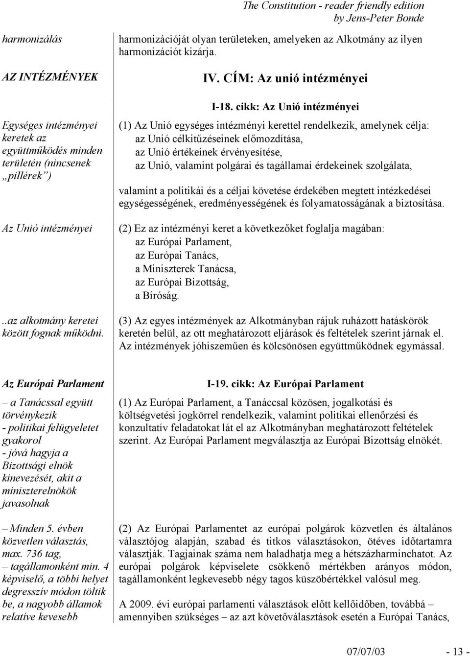 cikk: Az Unió intézményei (1) Az Unió egységes intézményi kerettel rendelkezik, amelynek célja: az Unió célkitűzéseinek előmozdítása, az Unió értékeinek érvényesítése, az Unió, valamint polgárai és