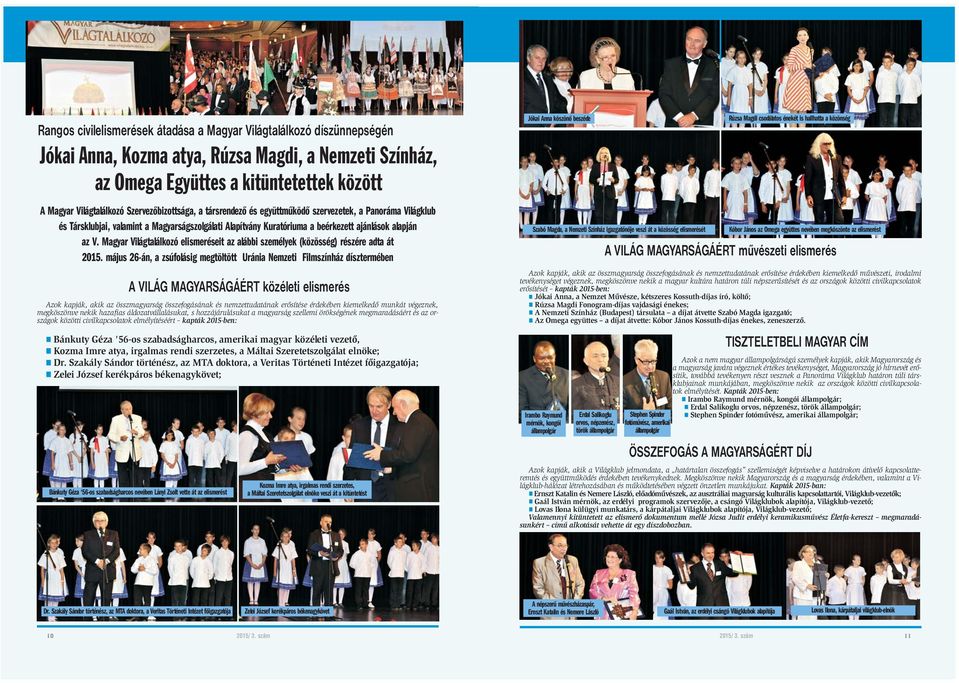 Magyar Világtalálkozó elismeréseit az alábbi személyek (közösség) részére adta át 2015.