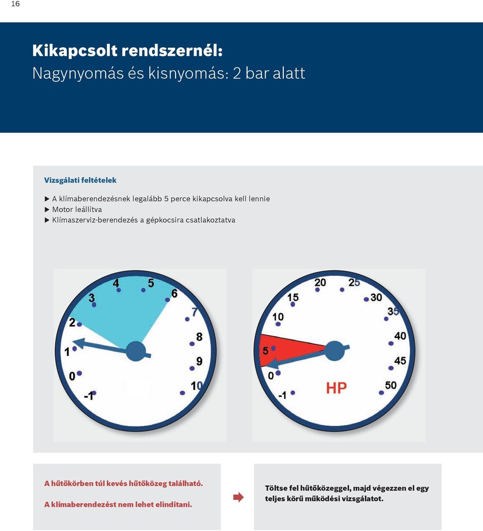 Klímaszerviz-berendezés a gépkocsira csatlakoztatva A hűtőkörben túl kevés hűtőközeg található.