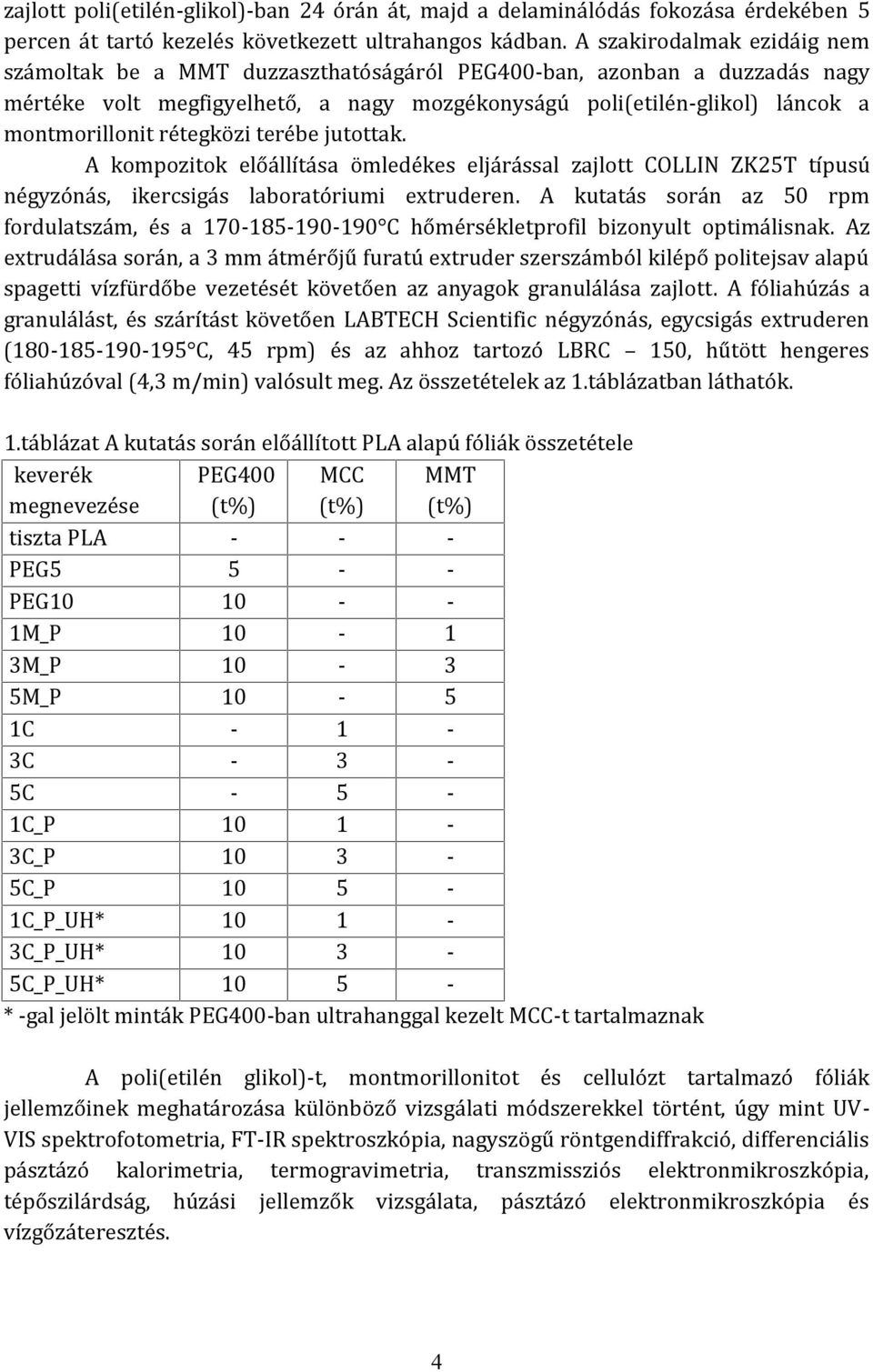 rétegközi terébe jutottak. A kompozitok előállítása ömledékes eljárással zajlott COLLIN ZK25T típusú négyzónás, ikercsigás laboratóriumi extruderen.