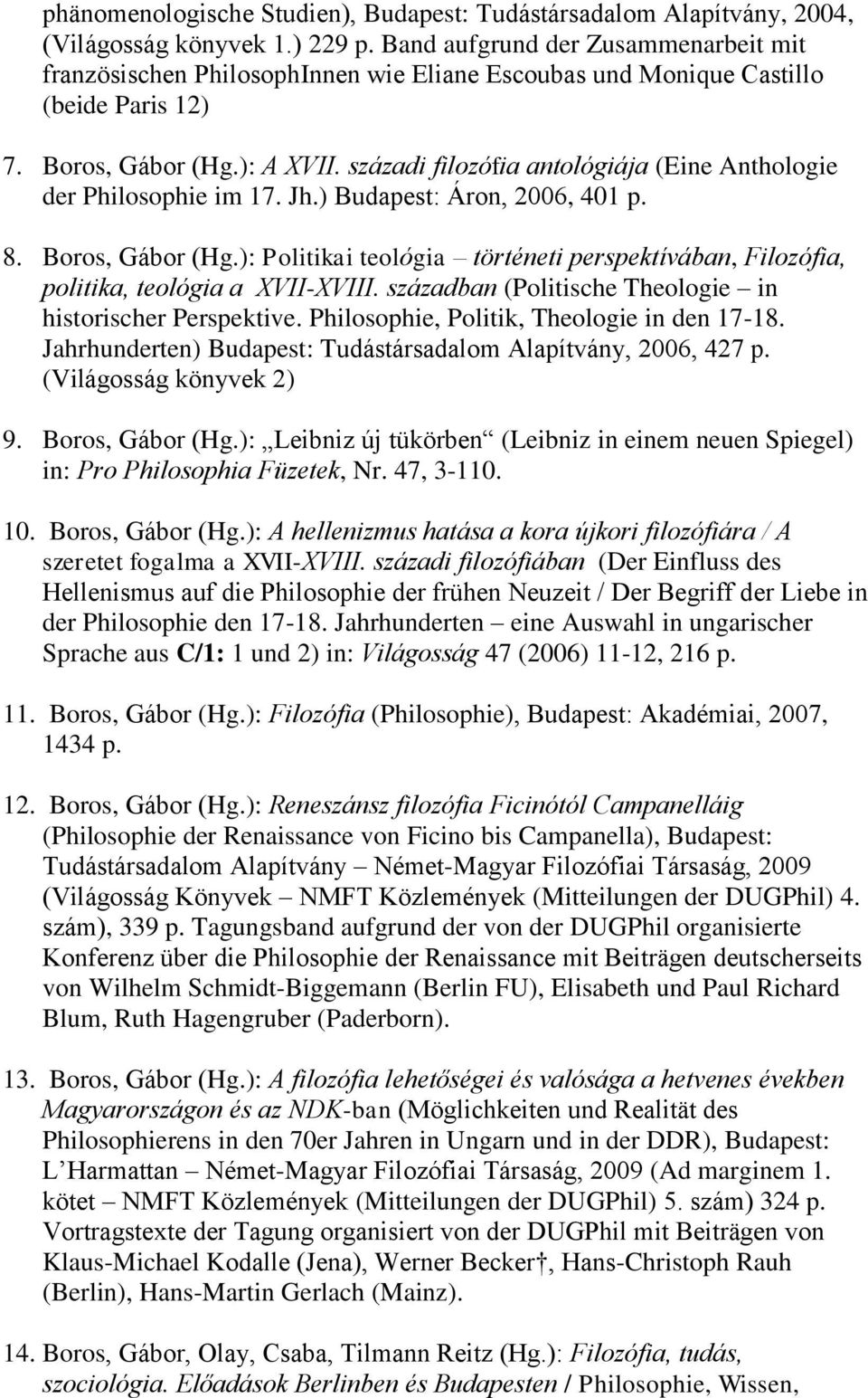 századi filozófia antológiája (Eine Anthologie der Philosophie im 17. Jh.) Budapest: Áron, 2006, 401 p. 8. Boros, Gábor (Hg.