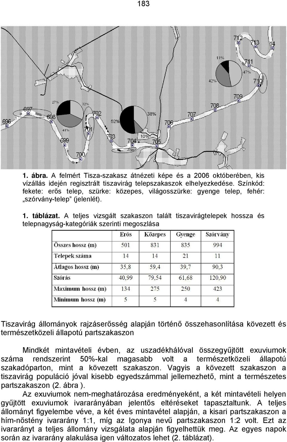 A teljes vizsgált szakaszon talált tiszavirágtelepek hossza és telepnagyság-kategóriák szerinti megoszlása Tiszavirág állományok rajzáserősség alapján történő összehasonlítása kövezett és