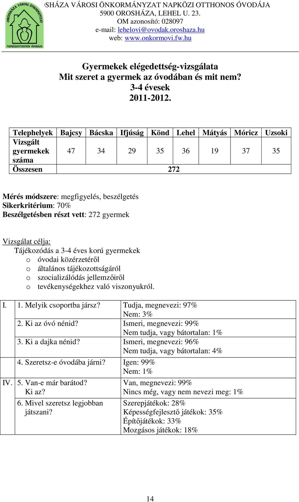 Beszélgetésben részt vett: 272 gyermek Vizsgálat célja: Tájékozódás a 3-4 éves korú gyermekek o óvodai közérzetéről o általános tájékozottságáról o szocializálódás jellemzőiről o tevékenységekhez