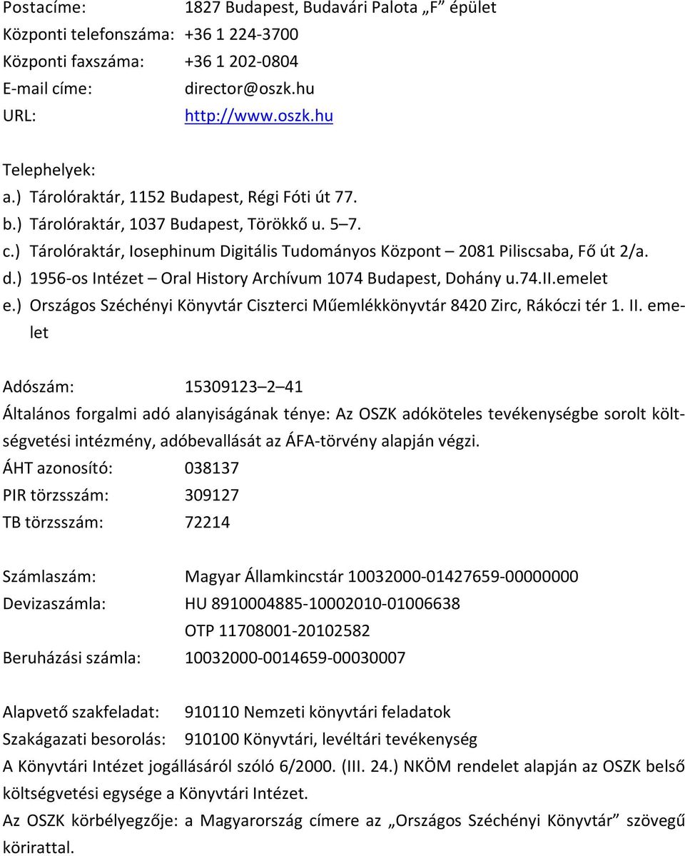 ) 1956-os Intézet Oral History Archívum 1074 Budapest, Dohány u.74.ii.emelet e.) Országos Széchényi Könyvtár Ciszterci Műemlékkönyvtár 8420 Zirc, Rákóczi tér 1. II.