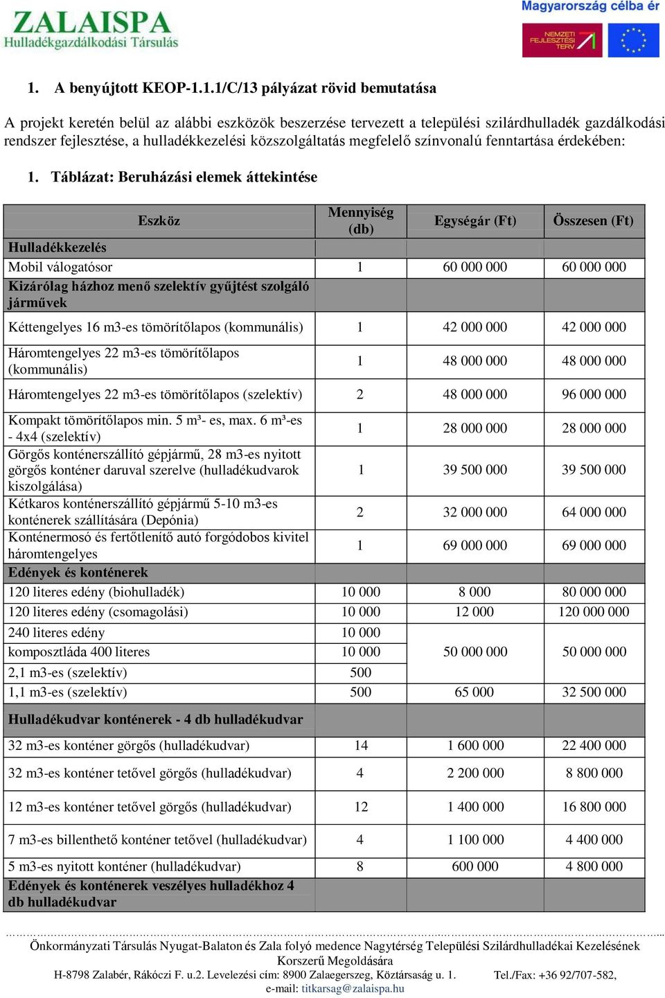 Táblázat: Beruházási elemek áttekintése Eszköz Mennyiség (db) Egységár (Ft) Összesen (Ft) Hulladékkezelés Mobil válogatósor 1 60 000 000 60 000 000 Kizárólag házhoz menő szelektív gyűjtést szolgáló