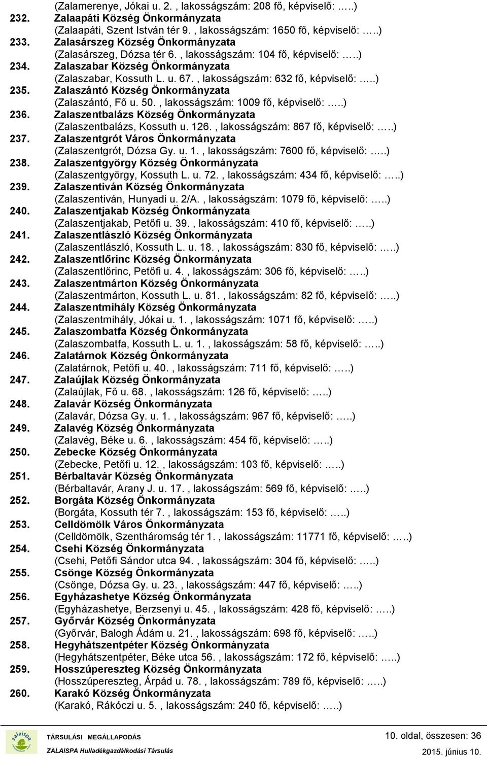 .) 235. Zalaszántó Község Önkormányzata (Zalaszántó, Fő u. 50., lakosságszám: 1009 fő, képviselő:..) 236. Zalaszentbalázs Község Önkormányzata (Zalaszentbalázs, Kossuth u. 126.