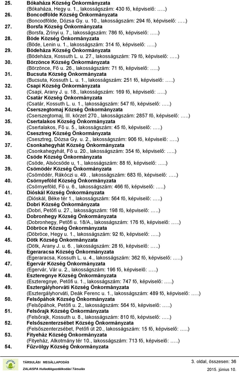 Bödeháza Község Önkormányzata (Bödeháza, Kossuth L. u. 27., lakosságszám: 79 fő, képviselő:..) 30. Börzönce Község Önkormányzata (Börzönce, Fő u. 26., lakosságszám: 71 fő, képviselő:..) 31.