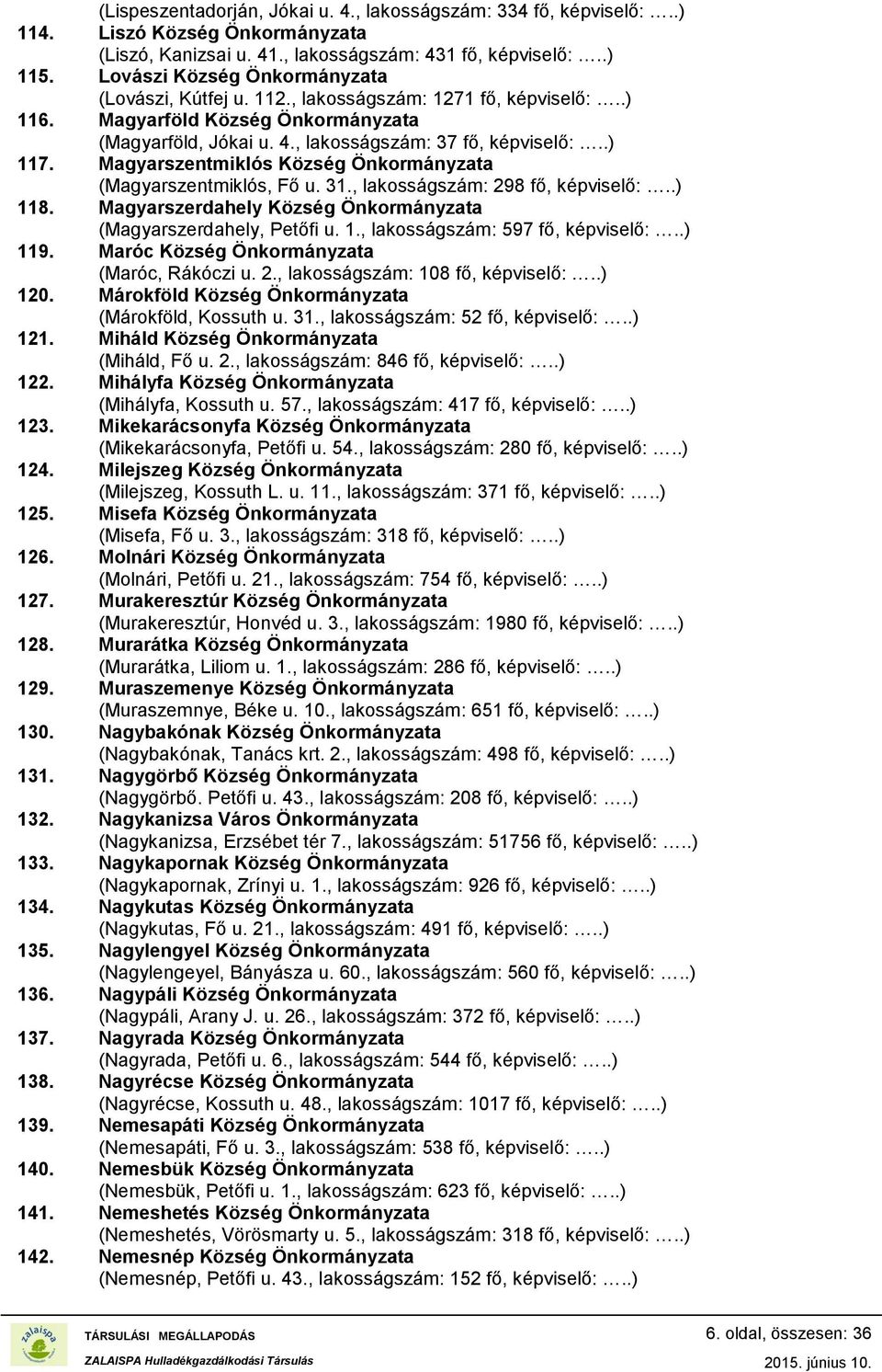 Magyarszentmiklós Község Önkormányzata (Magyarszentmiklós, Fő u. 31., lakosságszám: 298 fő, képviselő:..) 118. Magyarszerdahely Község Önkormányzata (Magyarszerdahely, Petőfi u. 1., lakosságszám: 597 fő, képviselő:.