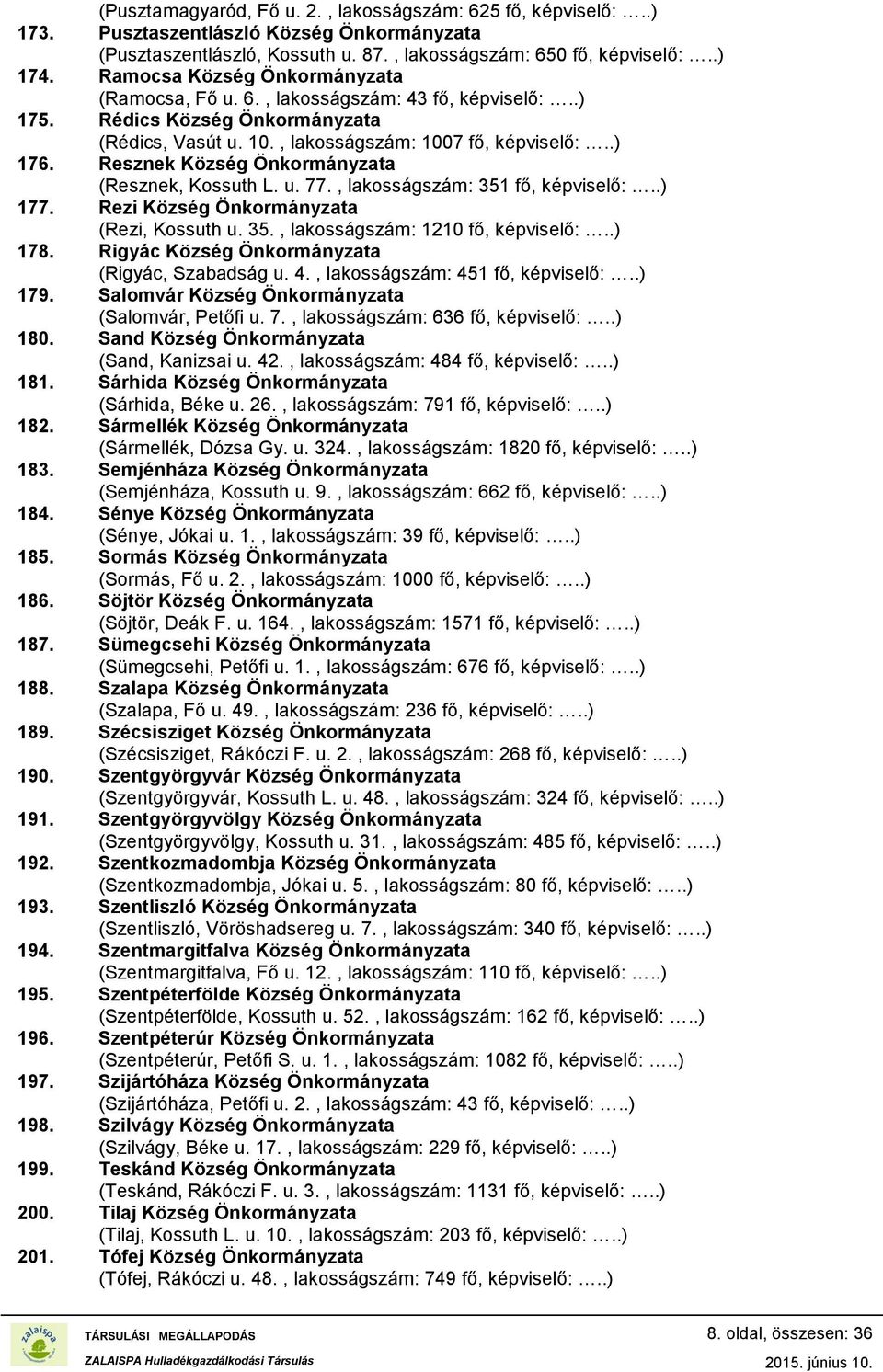 Resznek Község Önkormányzata (Resznek, Kossuth L. u. 77., lakosságszám: 351 fő, képviselő:..) 177. Rezi Község Önkormányzata (Rezi, Kossuth u. 35., lakosságszám: 1210 fő, képviselő:..) 178.