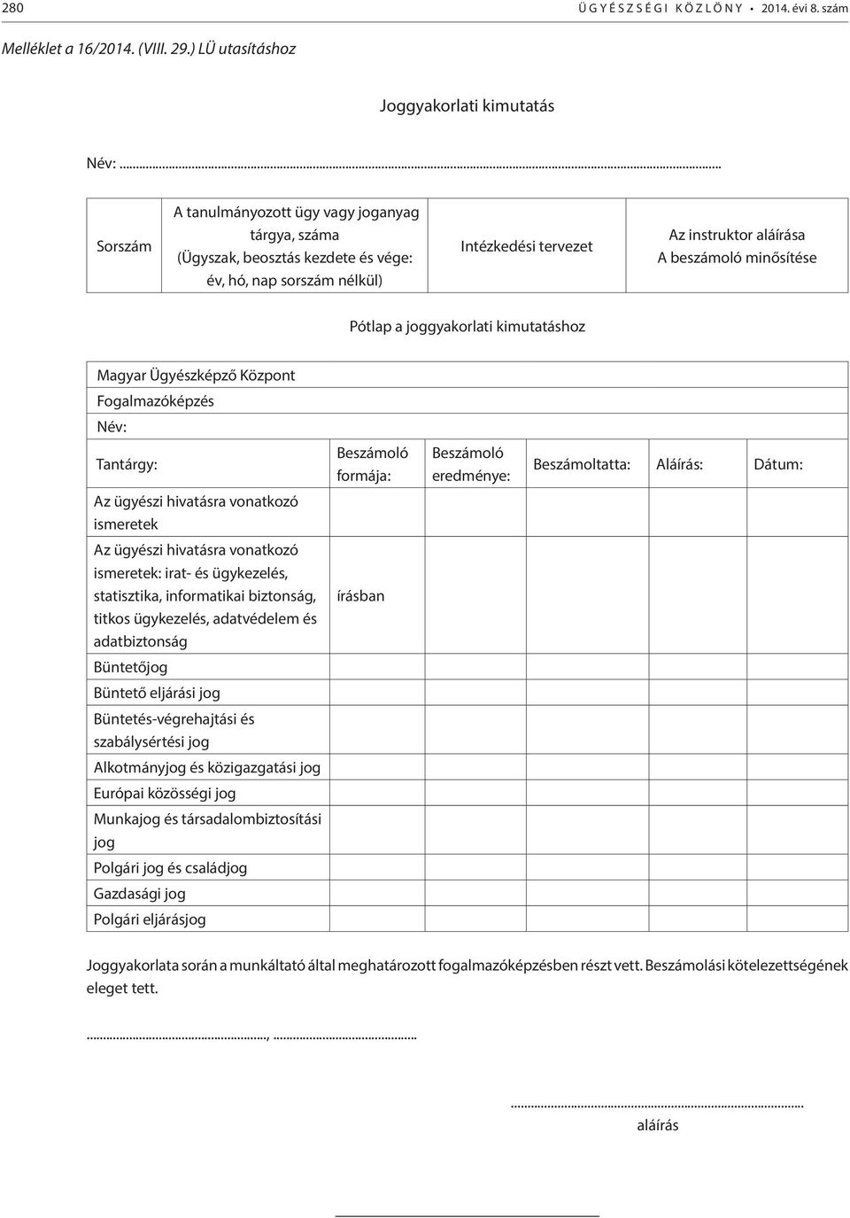 joggyakorlati kimutatáshoz Magyar Ügyészképző Központ Fogalmazóképzés Név: Tantárgy: Beszámoló formája: Beszámoló eredménye: Beszámoltatta: Aláírás: Dátum: Az ügyészi hivatásra vonatkozó ismeretek Az