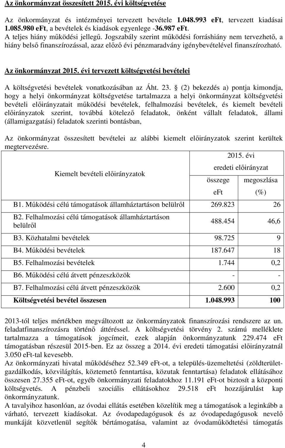 Az önkormányzat 2015. évi tervezett költségvetési bevételei A költségvetési bevételek vonatkozásában az Áht. 23.