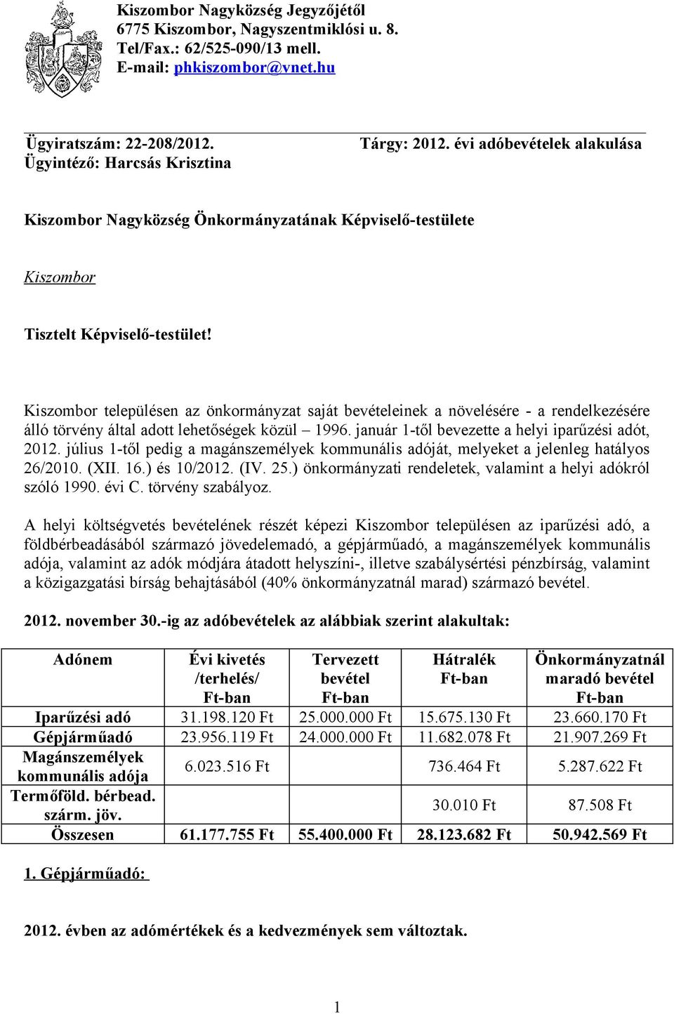 Kiszombor településen az önkormányzat saját bevételeinek a növelésére - a rendelkezésére álló törvény által adott lehetőségek közül 1996. január 1-től bevezette a helyi iparűzési adót, 2012.