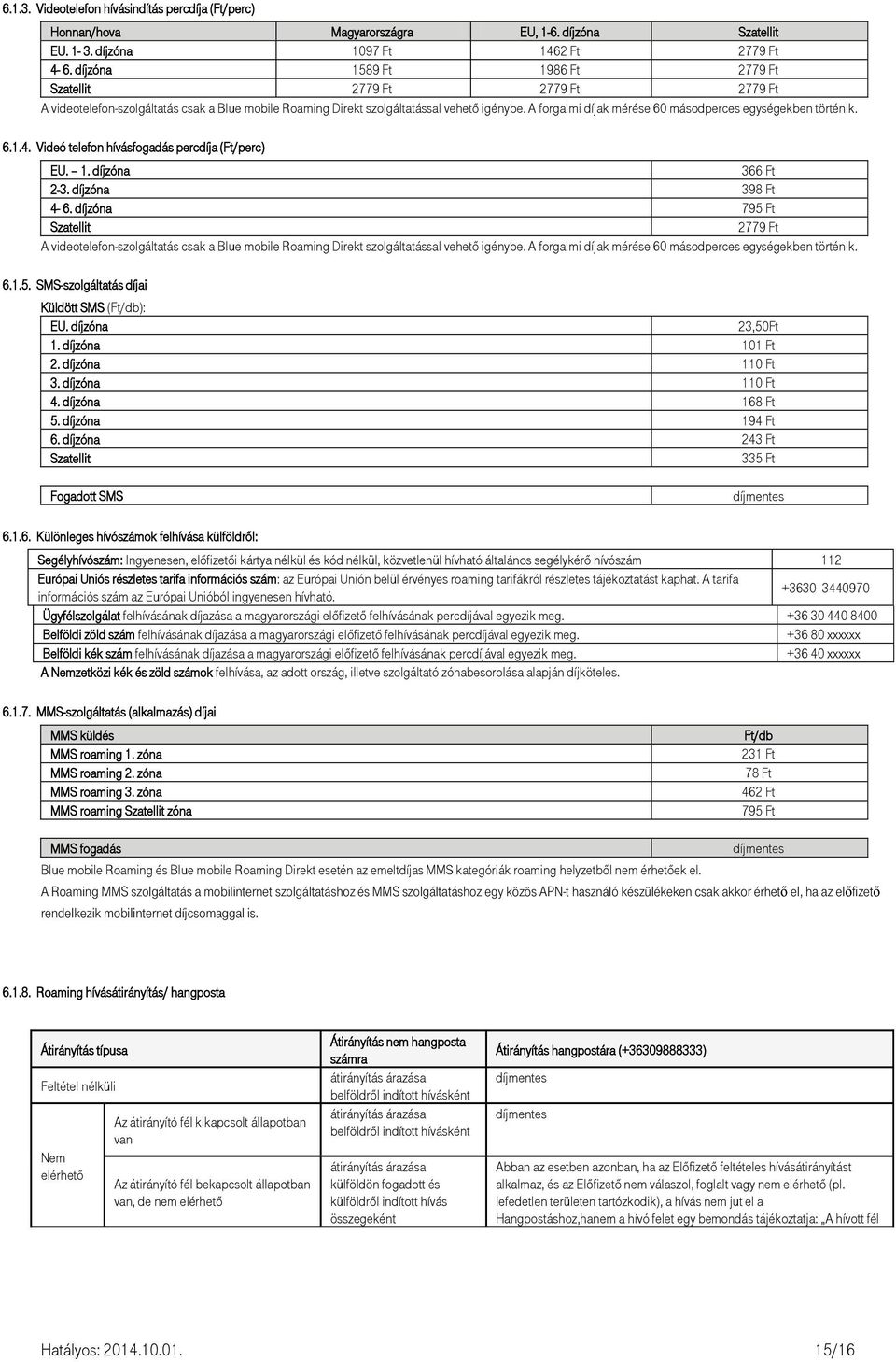 A forgalmi díjak mérése 60 másodperces egységekben történik. 6.1.4. Videó telefon hívásfogadás percdíja (Ft/perc) EU. 1. díjzóna 366 Ft 2-3. díjzóna 398 Ft 4-6.