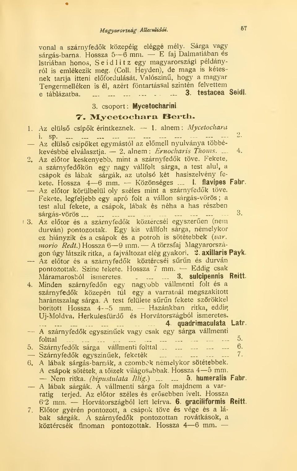 Valószín, hogy a magyar Tengermelléken is él, azért föntartással szintén felvettem e táblázatba. -... - - 3. testacea Seidl. 3. csoport: Mycetocharini T- Mycetochara üertii.