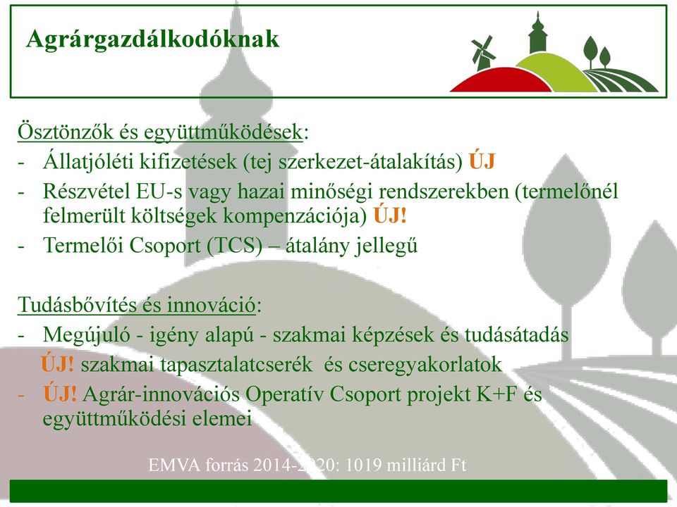 - Termelői Csoport (TCS) átalány jellegű Tudásbővítés és innováció: - Megújuló - igény alapú - szakmai képzések és