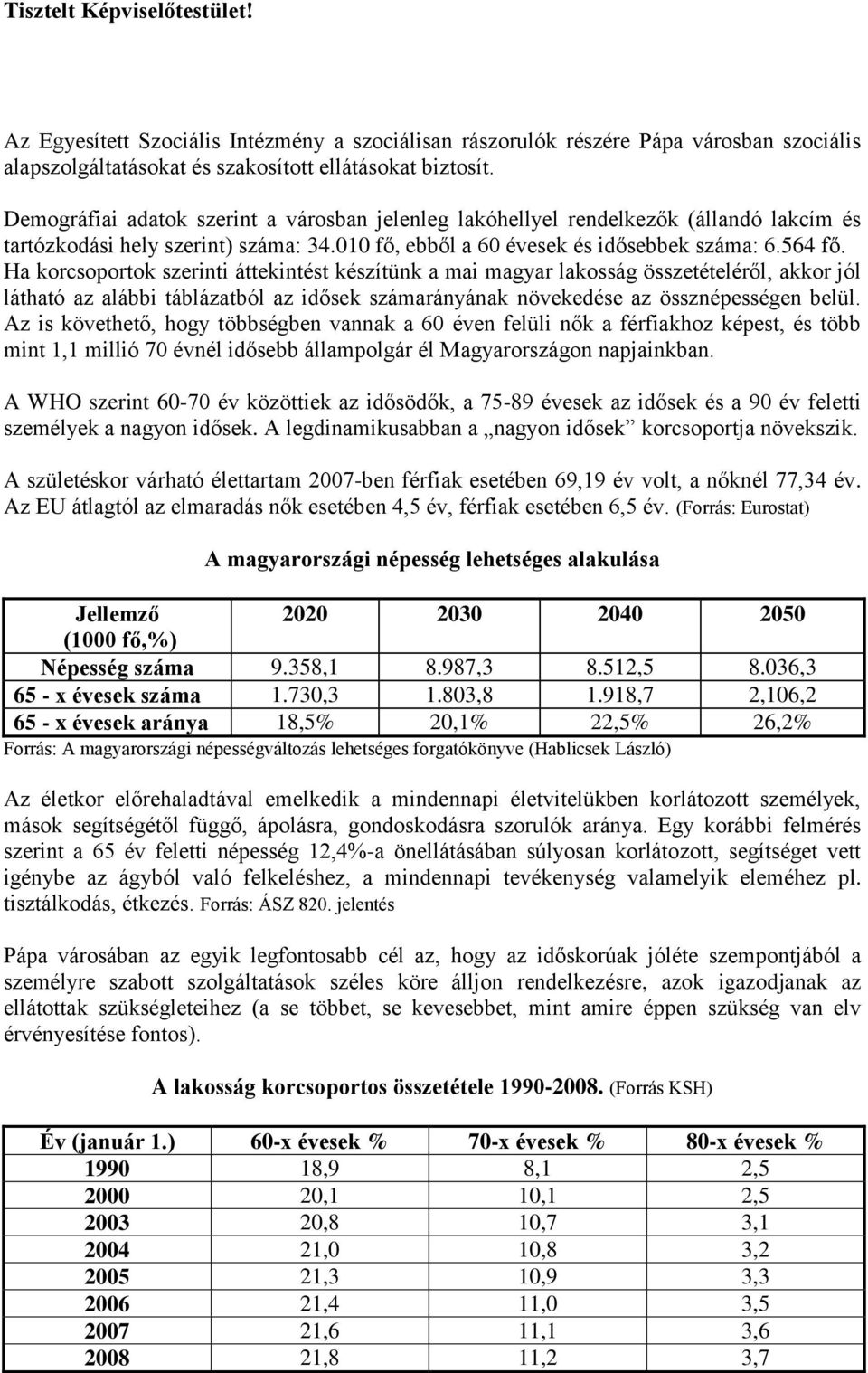 Ha korcsoportok szerinti áttekintést készítünk a mai magyar lakosság összetételéről, akkor jól látható az alábbi táblázatból az idősek számarányának növekedése az össznépességen belül.