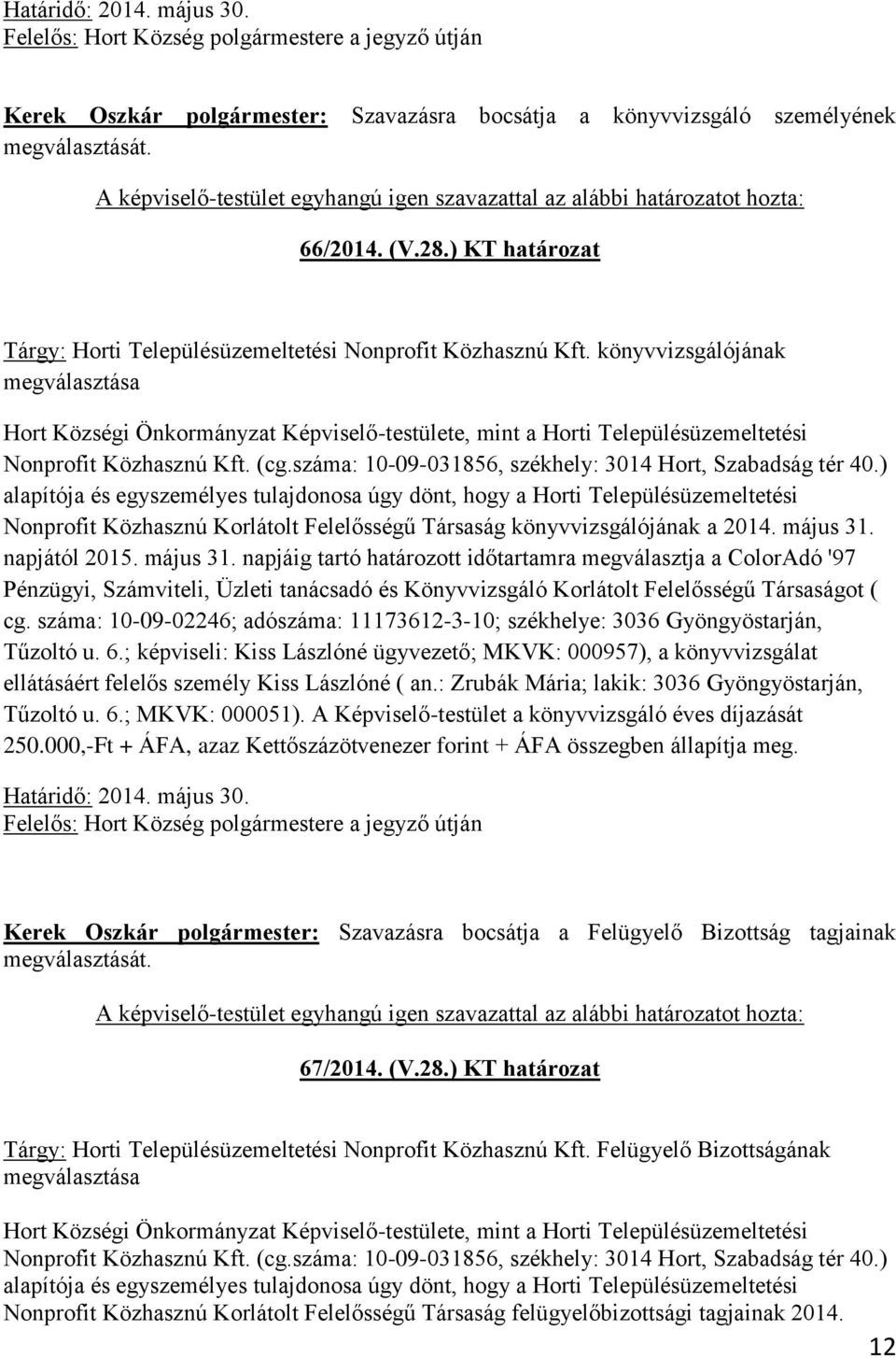 könyvvizsgálójának megválasztása Hort Községi Önkormányzat Képviselő-testülete, mint a Horti Településüzemeltetési Nonprofit Közhasznú Kft. (cg.