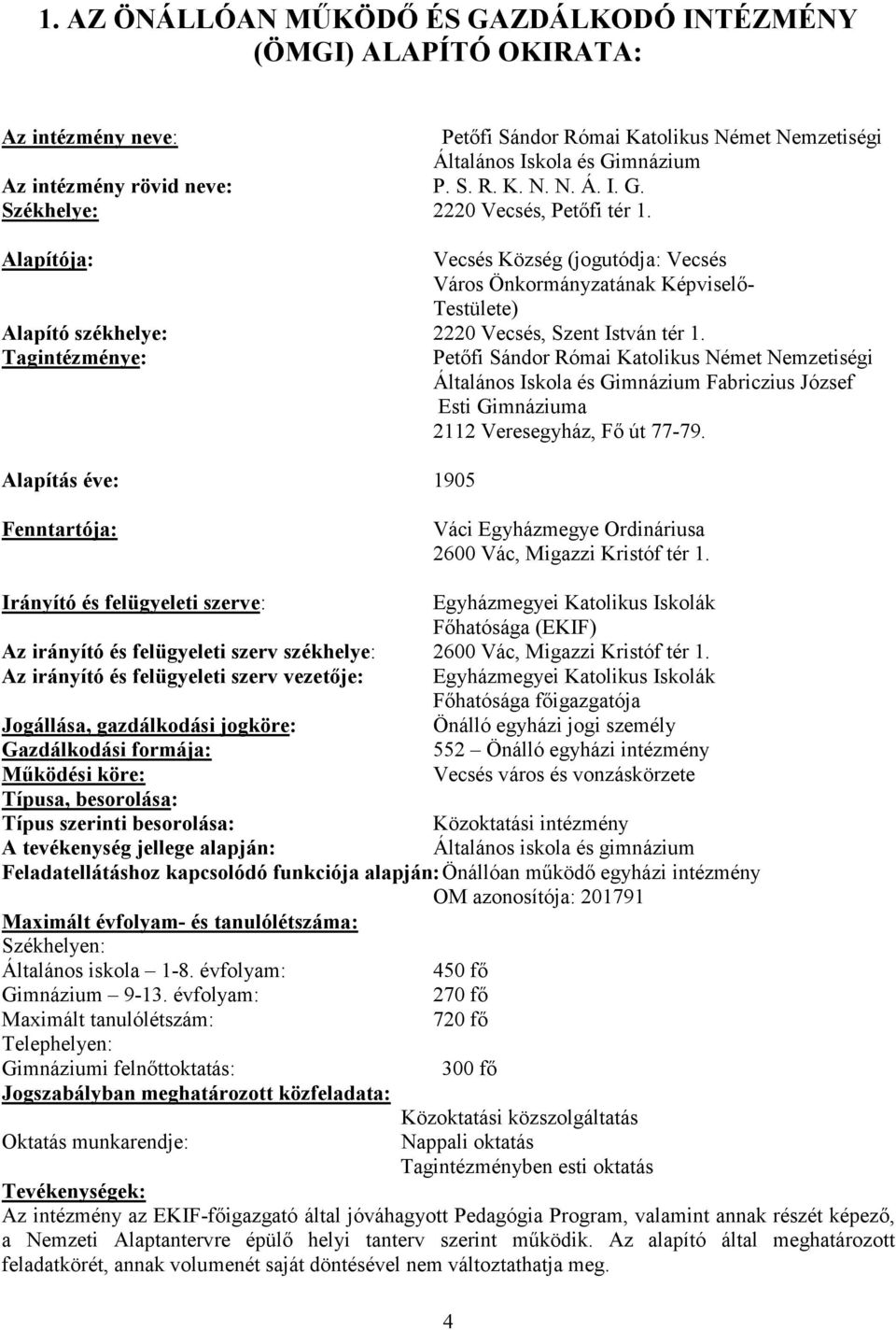 Tagintézménye: Petıfi Sándor Római Katolikus Német Nemzetiségi Általános Iskola és Gimnázium Fabriczius József Esti Gimnáziuma 2112 Veresegyház, Fı út 77-79.