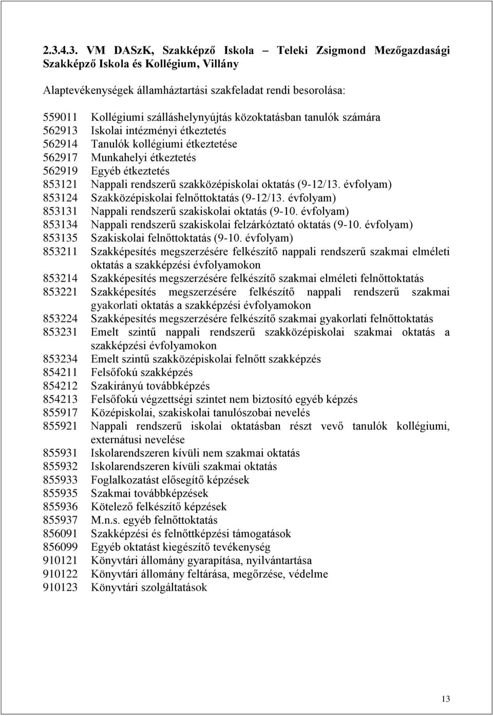 rendszerű szakközépiskolai oktatás (9-12/13. évfolyam) 853124 Szakközépiskolai felnőttoktatás (9-12/13. évfolyam) 853131 Nappali rendszerű szakiskolai oktatás (9-10.